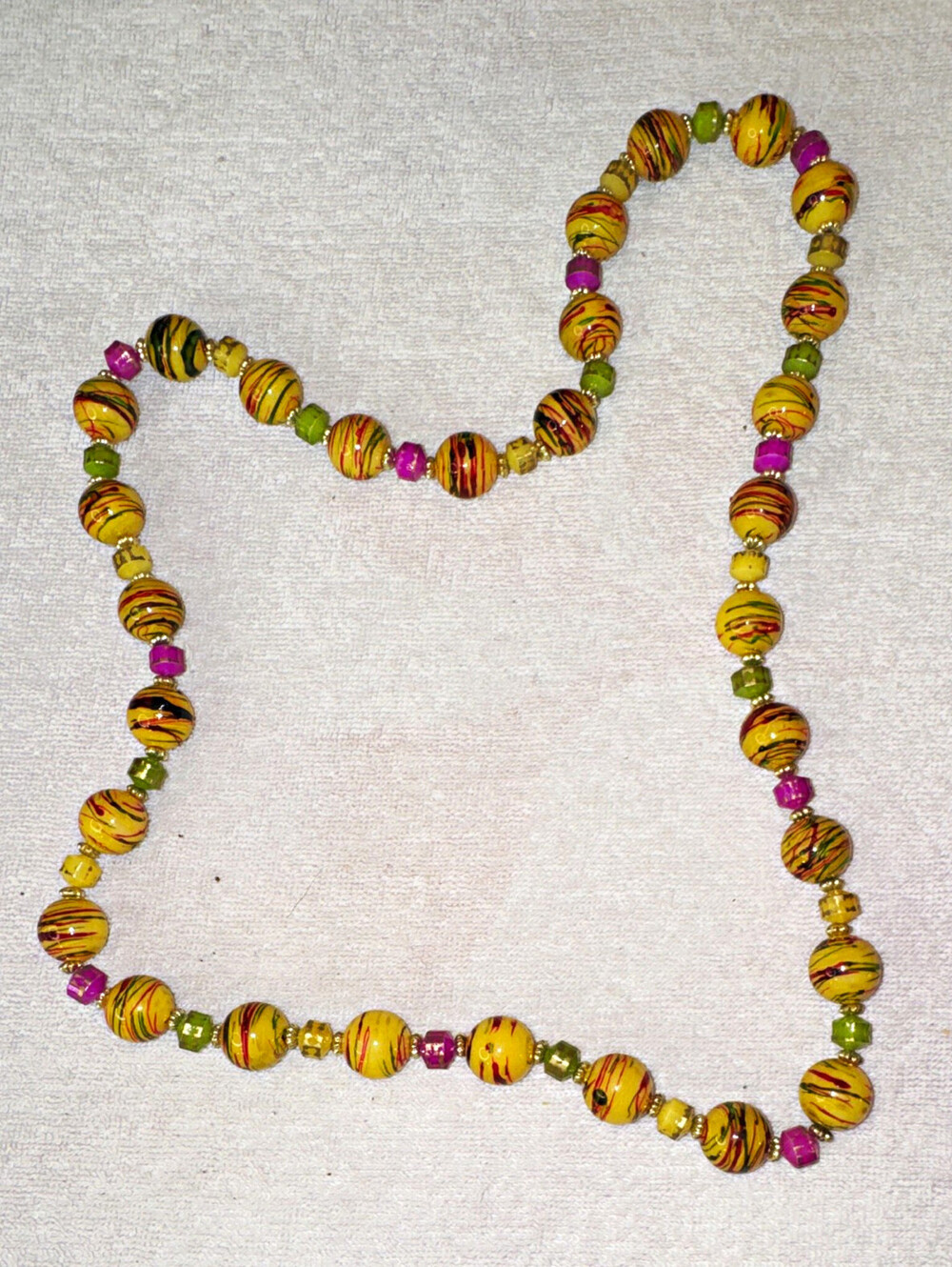 Multicolor Beaded Necklace Plastic Yellow Swirl Beads Green Purple Accents